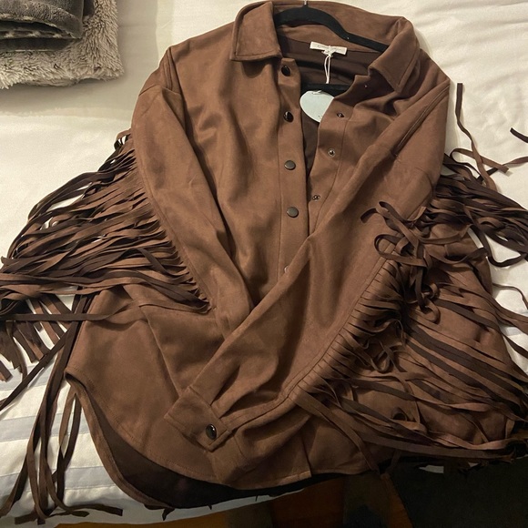 Faux suede chocolate brown fringe shacket - Picture 2 of 2